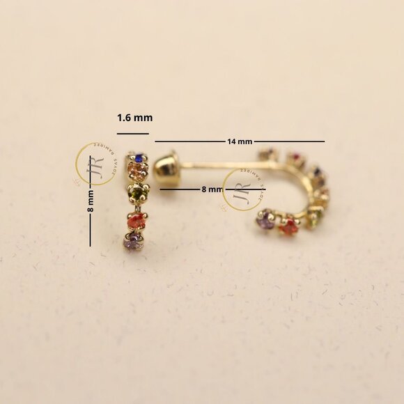 14K Solid Yellow Gold Huggies Hoops ·CZ in Pink, Multicolor, Red, Black and Blue - Picture 14 of 15